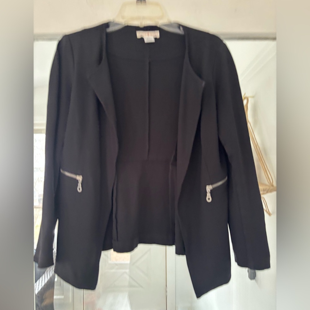 Women's‎ Black Open-Front Blazer with Silver Zip Detail